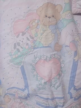 Vtg Pastel Teddy & Toy Heart Print Baby Bedding Blanket So Soft/ HANDMADE